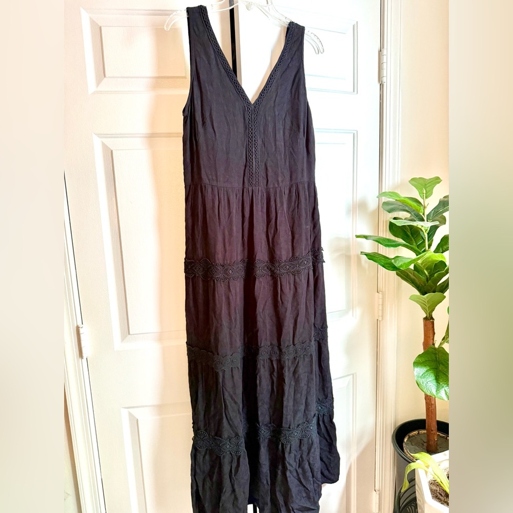 Black Sleeveless Embroidered Boho Maxi Dress sz 8P Whimsigoth Fairy Grunge Punk